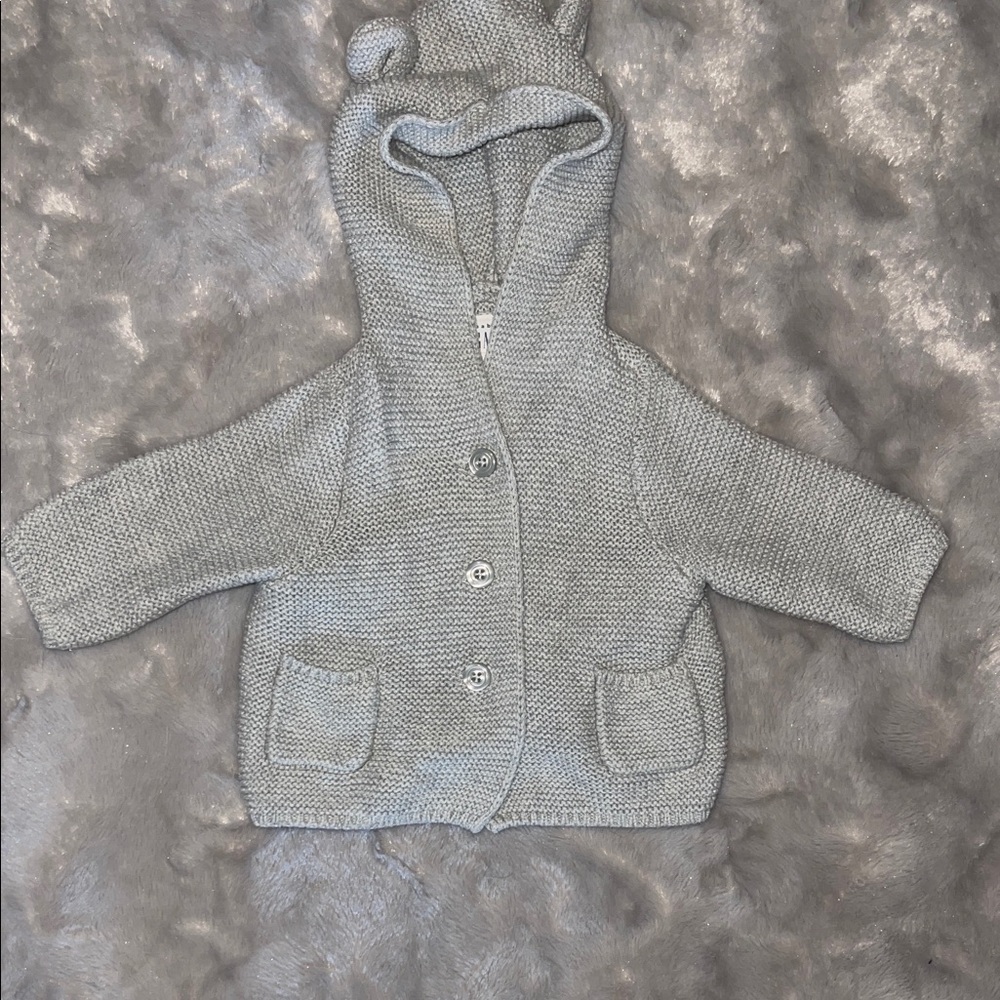 Baby GAP 0-3 Months Gray Knit Teddy Bear Hooded Button Sweater Cardigan